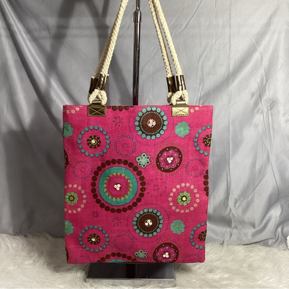 Old Navy Pink BOHO Sequin Circles Tote Bag with Rope Handles NWOT